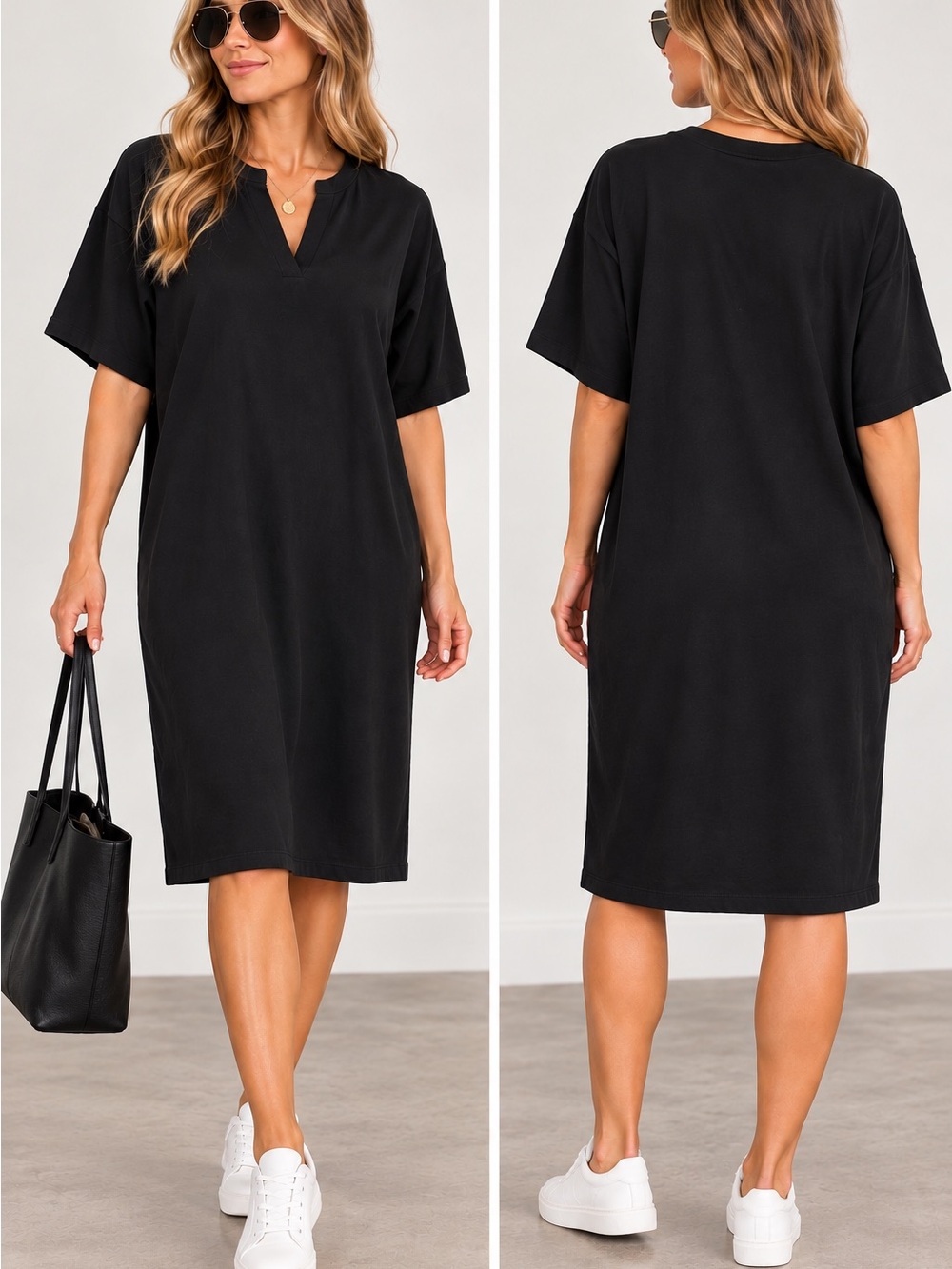 Relaxed V-Neck Midi Dress in Black - Women's Easy Wear 100% cotton